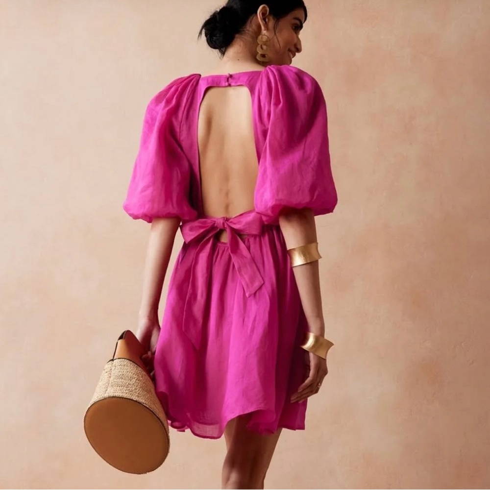 Banana Republic Fuchsia Open-Back Puff-Sleeve Mini Dress
